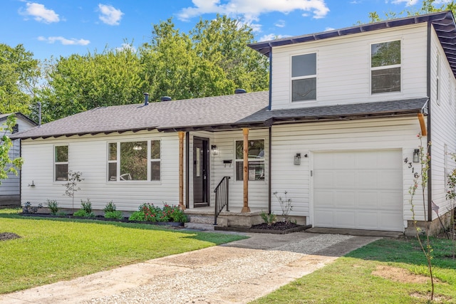 view of front of house with a garage, a shingled roof, a front lawn, and concrete driveway