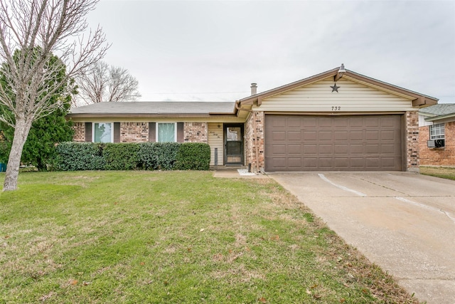 ranch-style house featuring a garage, brick siding, driveway, and a front lawn