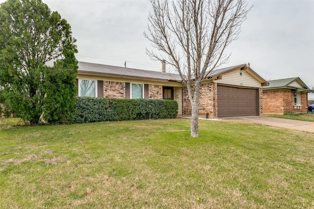 ranch-style home featuring an attached garage, concrete driveway, brick siding, and a front yard