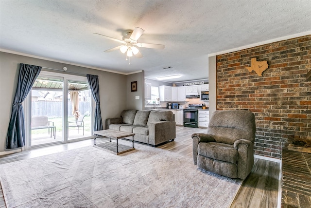 living room with a ceiling fan, light wood-type flooring, a healthy amount of sunlight, and a textured ceiling