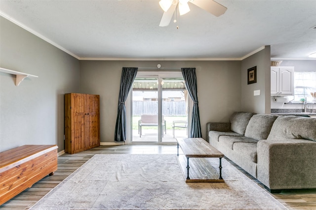 living room featuring light wood-style flooring, baseboards, ceiling fan, and crown molding