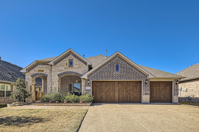 french provincial home with stone siding, concrete driveway, a shingled roof, a garage, and brick siding