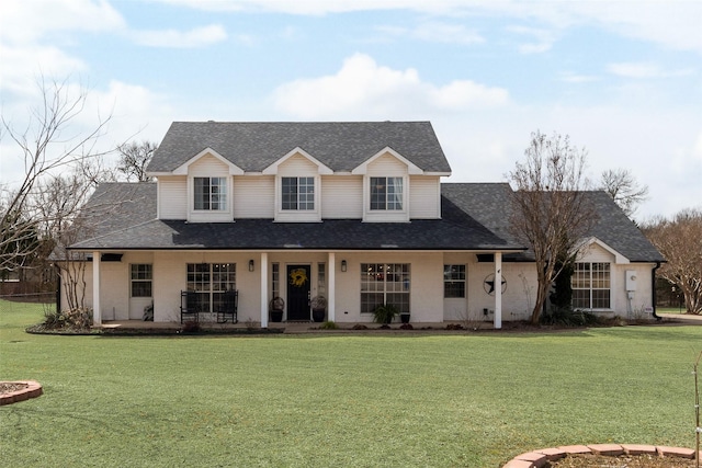 view of front facade featuring a front yard and roof with shingles