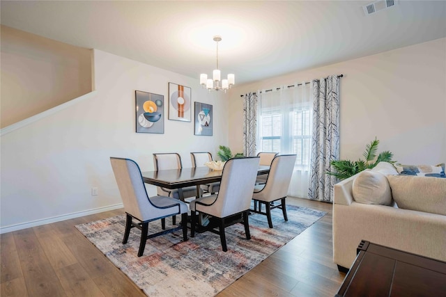 dining area with a chandelier, wood finished floors, visible vents, and baseboards