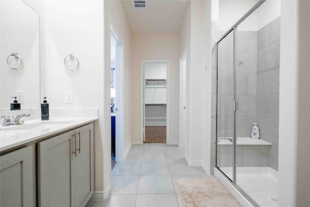 bathroom featuring a stall shower, visible vents, tile patterned floors, a spacious closet, and vanity