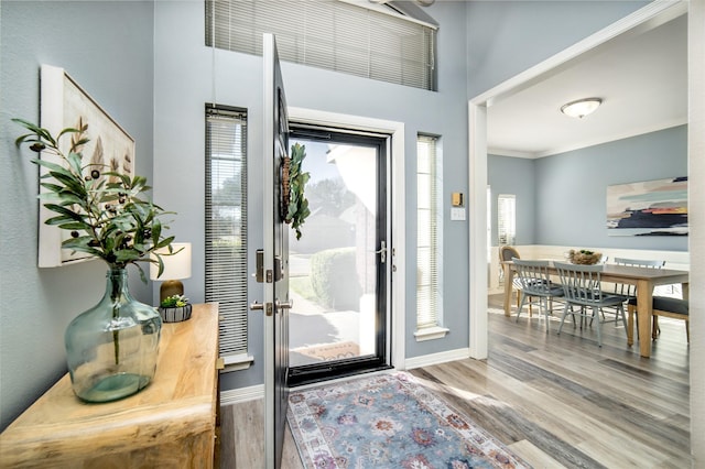 foyer entrance with baseboards, wood finished floors, and crown molding