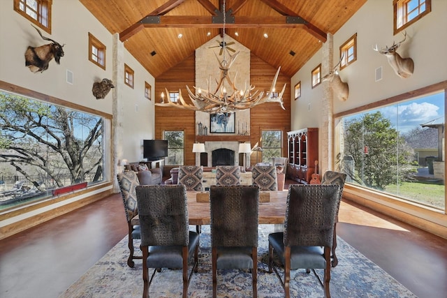 dining area featuring high vaulted ceiling, wooden ceiling, finished concrete flooring, and an inviting chandelier