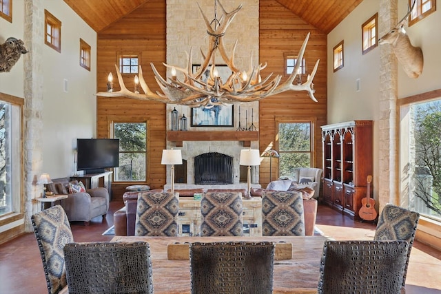 living area featuring wood ceiling, a notable chandelier, a stone fireplace, and wooden walls