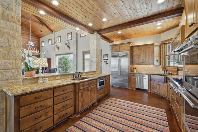 133 E Bozeman Ln, Fort Worth, TX 76108 - kitchen featuring stainless steel appliances, wood ceiling with exposed beams, brown cabinetry, a sink, and decorative backsplash