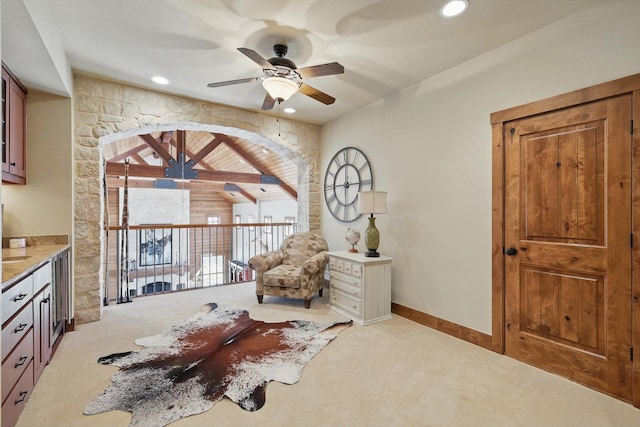 living area with baseboards, ceiling fan, vaulted ceiling, carpet flooring, and recessed lighting