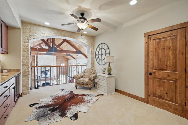 133 E Bozeman Ln, Fort Worth, TX 76108 - living area featuring a ceiling fan, carpet flooring, recessed lighting, and baseboards