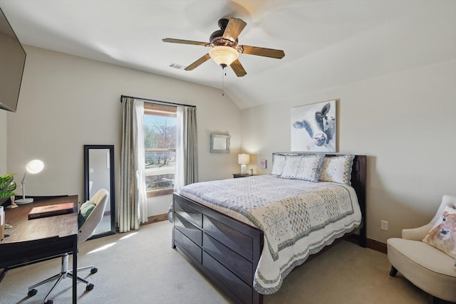 bedroom featuring baseboards, visible vents, lofted ceiling, ceiling fan, and light carpet