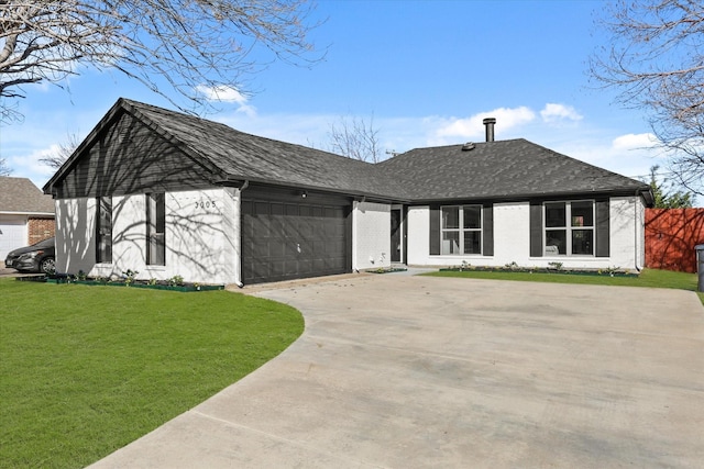 view of front of property with a garage, a shingled roof, brick siding, concrete driveway, and a front yard