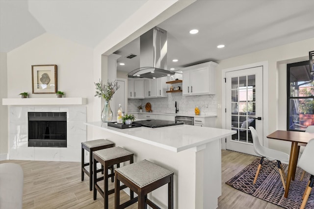 kitchen featuring white cabinetry, light wood-style floors, stainless steel dishwasher, decorative backsplash, and island exhaust hood