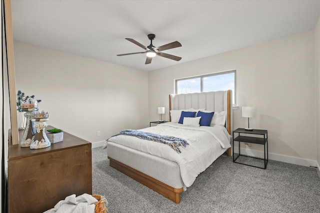 bedroom with carpet flooring, a ceiling fan, and baseboards