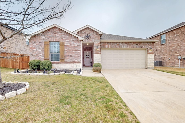 ranch-style house featuring brick siding, a garage, cooling unit, driveway, and a front lawn