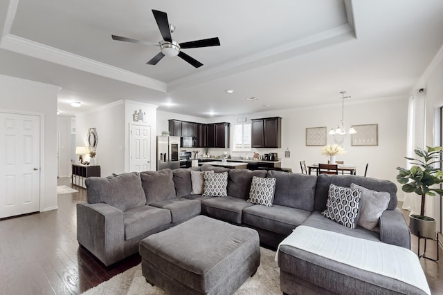 living room featuring crown molding, a tray ceiling, dark wood finished floors, and ceiling fan with notable chandelier