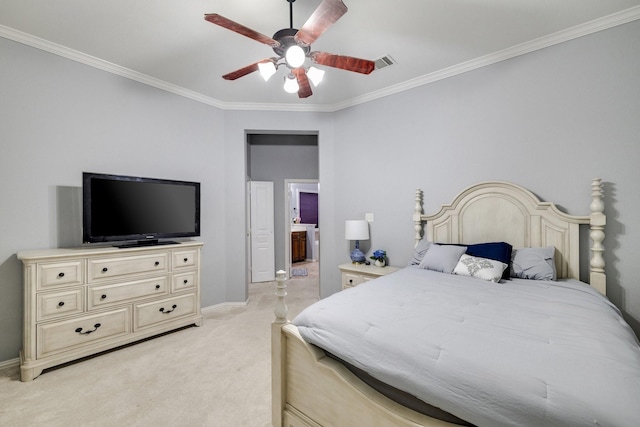 bedroom with ceiling fan, light colored carpet, visible vents, baseboards, and crown molding