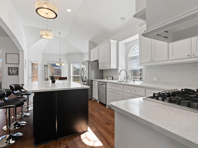 kitchen featuring range hood, stainless steel appliances, lofted ceiling, dark wood-type flooring, and a sink