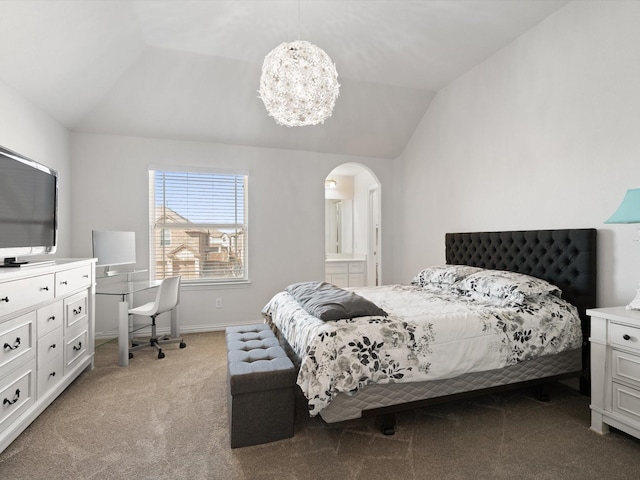 bedroom with light carpet, baseboards, arched walkways, lofted ceiling, and a notable chandelier