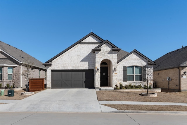 french provincial home featuring a garage, driveway, brick siding, and stone siding