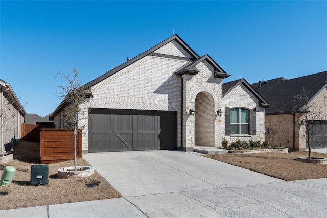 french country home with a garage, stone siding, brick siding, and driveway