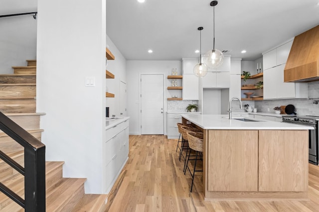 kitchen with a sink, stainless steel range with electric cooktop, custom exhaust hood, open shelves, and modern cabinets