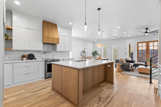 kitchen with custom range hood, modern cabinets, a sink, and stainless steel range with electric cooktop