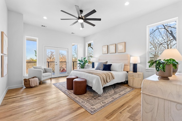 bedroom featuring recessed lighting, visible vents, light wood-style floors, access to exterior, and french doors