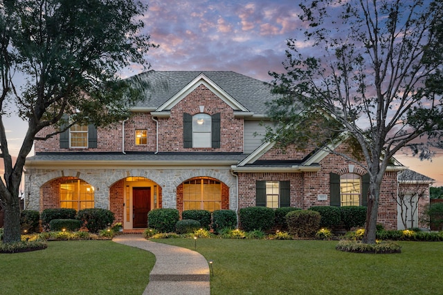 view of front of house featuring a front lawn, a shingled roof, and brick siding