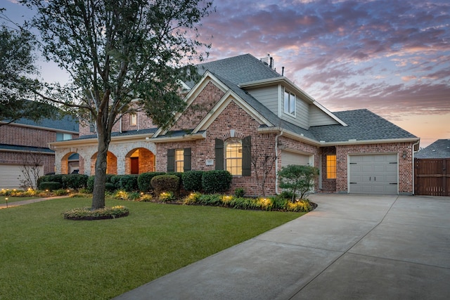 craftsman-style house featuring driveway, a shingled roof, a lawn, and brick siding