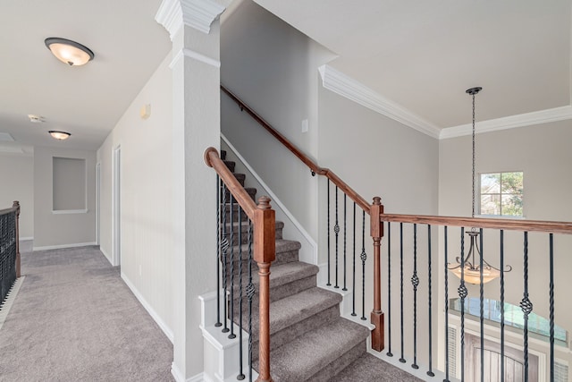 stairs with baseboards, carpet floors, and crown molding