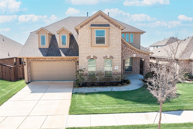 view of front of property with a garage, driveway, a shingled roof, and a front lawn