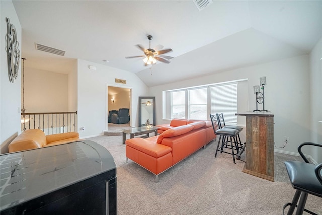 4130 Lagoon Pl, Royse City, TX 75189 - living room with vaulted ceiling, carpet, a ceiling fan, and baseboards