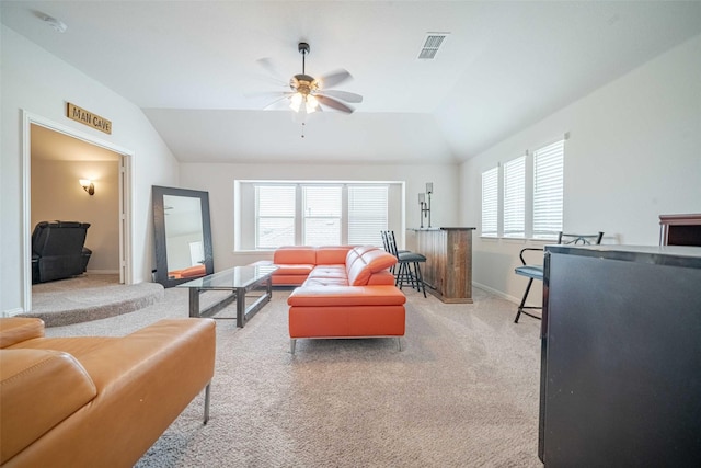 4130 Lagoon Pl, Royse City, TX 75189 - living area with vaulted ceiling, light colored carpet, a ceiling fan, and baseboards