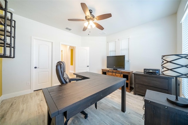 office space featuring light wood-style flooring, baseboards, visible vents, and ceiling fan