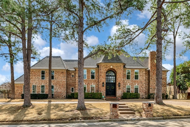 view of front of house featuring a chimney and brick siding