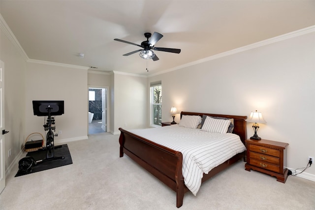 bedroom with light colored carpet, crown molding, baseboards, and ceiling fan