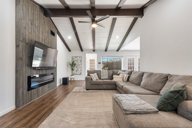 living room with high vaulted ceiling, ceiling fan, visible vents, and dark wood finished floors