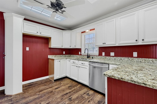 kitchen featuring dishwasher, ceiling fan, light stone counters, dark wood-style flooring, and a sink