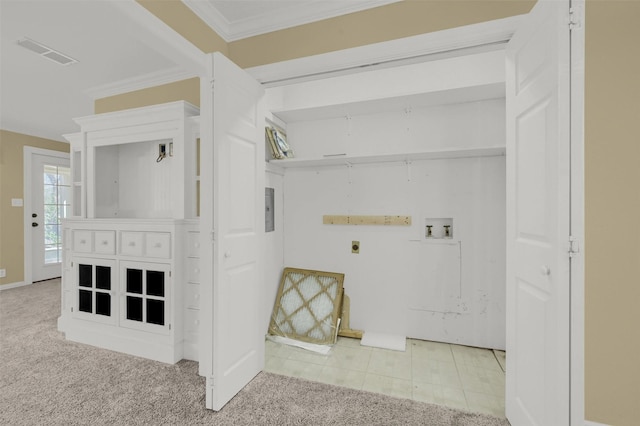 laundry room with washer hookup, crown molding, visible vents, hookup for an electric dryer, and laundry area