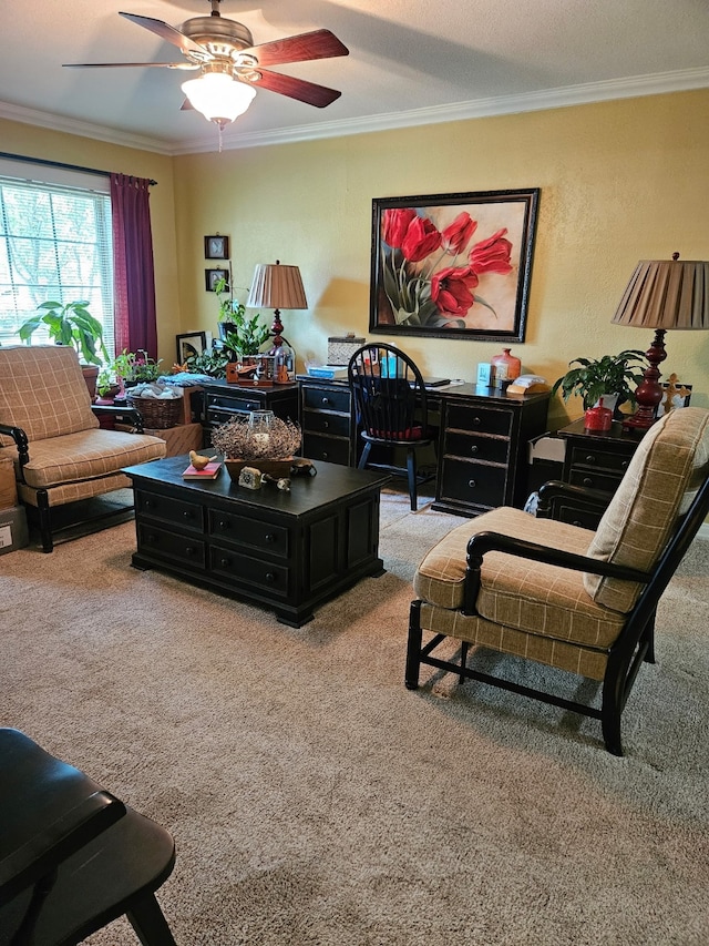 living room with a ceiling fan, carpet, and crown molding