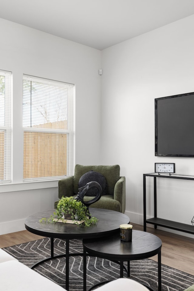 living area featuring baseboards and wood finished floors