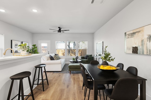 dining room featuring recessed lighting, visible vents, ceiling fan, and light wood finished floors