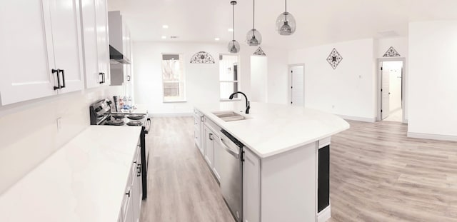 5147 Chapman St, Fort Worth, TX 76105 - kitchen with a sink, electric range oven, light wood-style floors, dishwasher, and a center island with sink