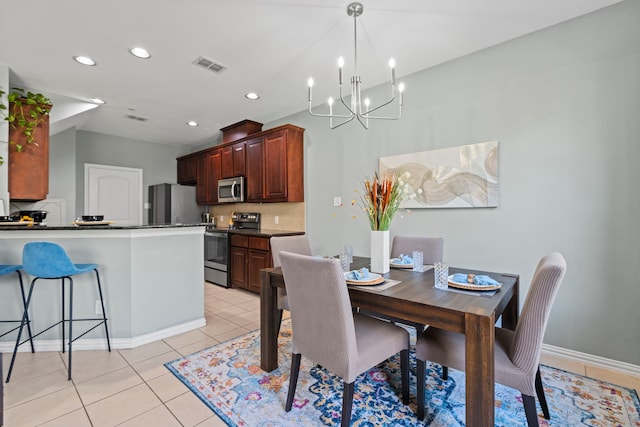 dining area featuring light tile patterned floors, recessed lighting, visible vents, an inviting chandelier, and baseboards