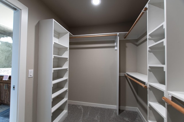 walk in closet featuring dark carpet