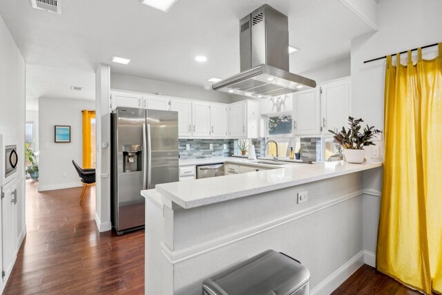 kitchen with tasteful backsplash, island range hood, a peninsula, stainless steel appliances, and a sink