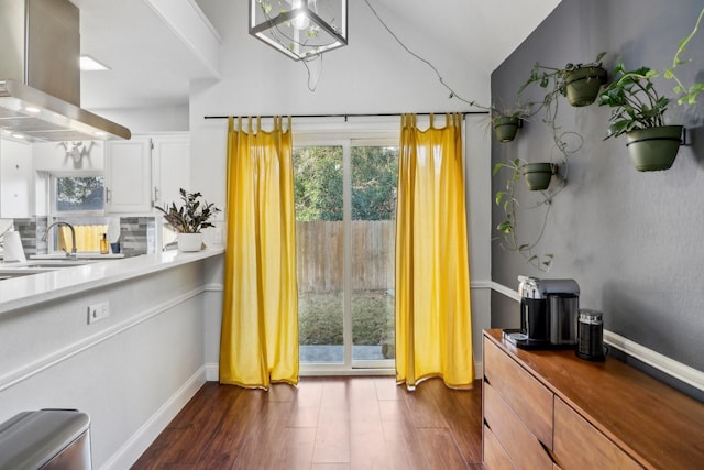 interior space featuring lofted ceiling, dark wood-style flooring, a sink, and baseboards