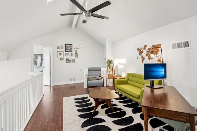 living area with lofted ceiling with beams, dark wood-style floors, visible vents, and a ceiling fan